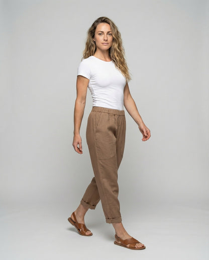 Pantaloni Lino Mix Donna Casual Orlo Risvoltato - Brentozzi