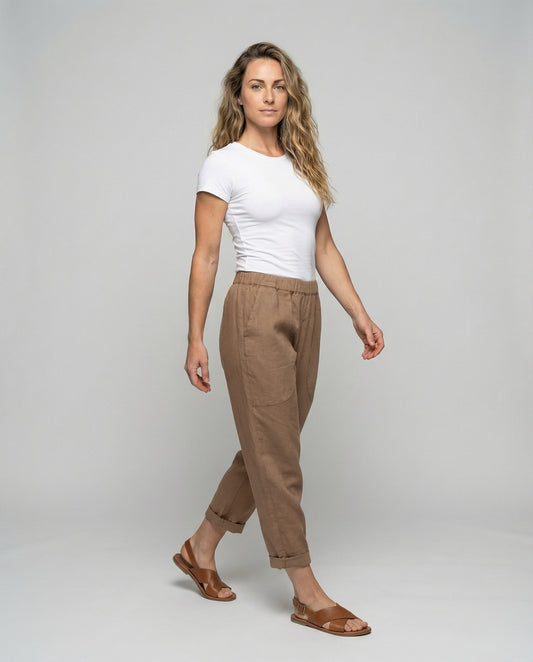 Pantaloni Lino Mix Donna Casual Orlo Risvoltato - Brentozzi