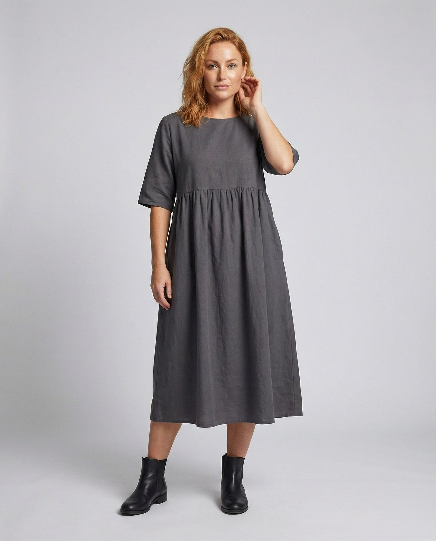 Abito Maxi Donna in Tessuto Effetto Lino Scollo Quadrato - Brentozzi