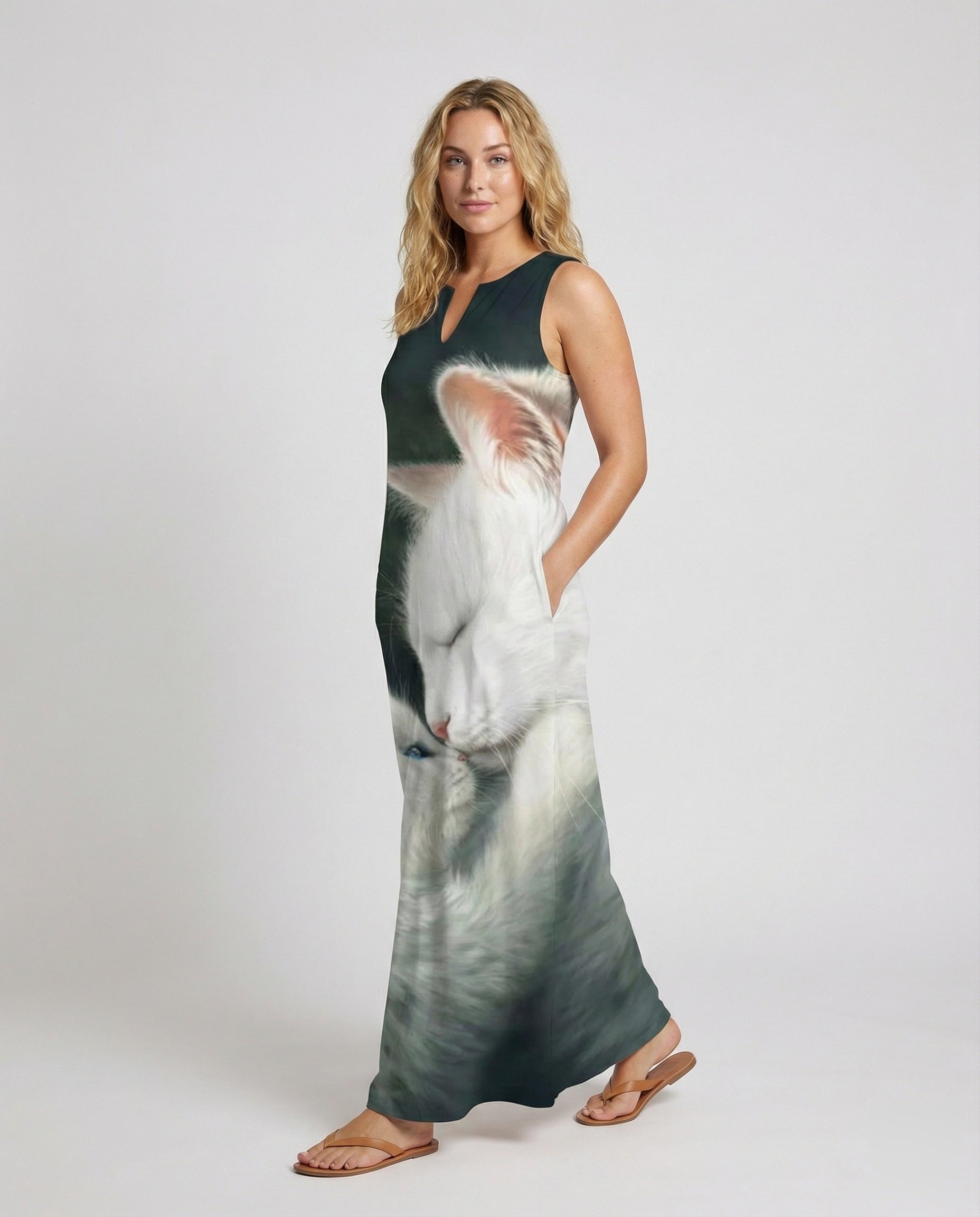 Abito Maxi Donna con Stampa Gatto Ampia - Brentozzi