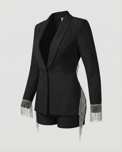 Completo Donna Blazer e Shorts con Frange Strass Elegante