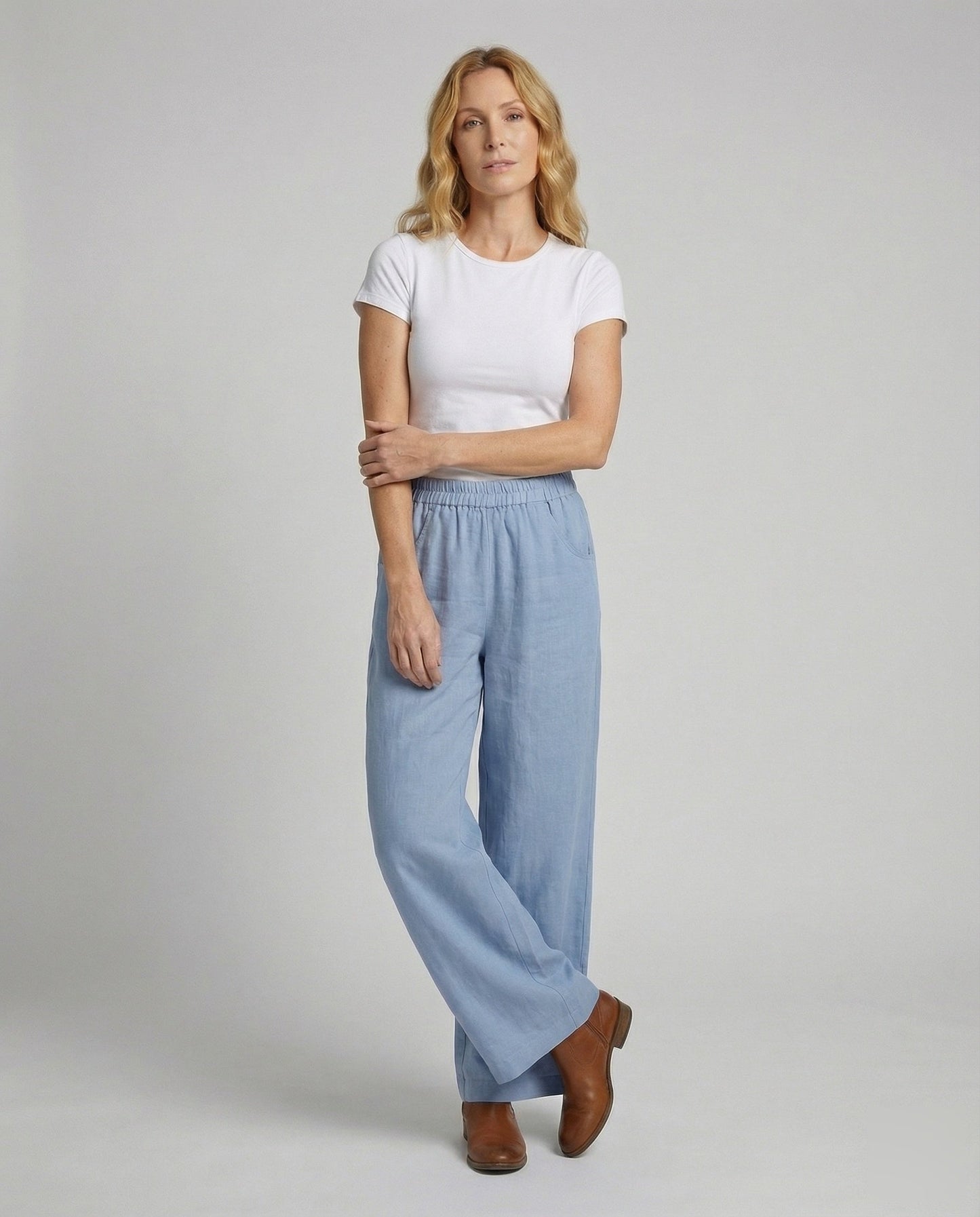 Pantaloni Lino Mix Donna Vestibilità Ampia con Tasche Laterali - Brentozzi