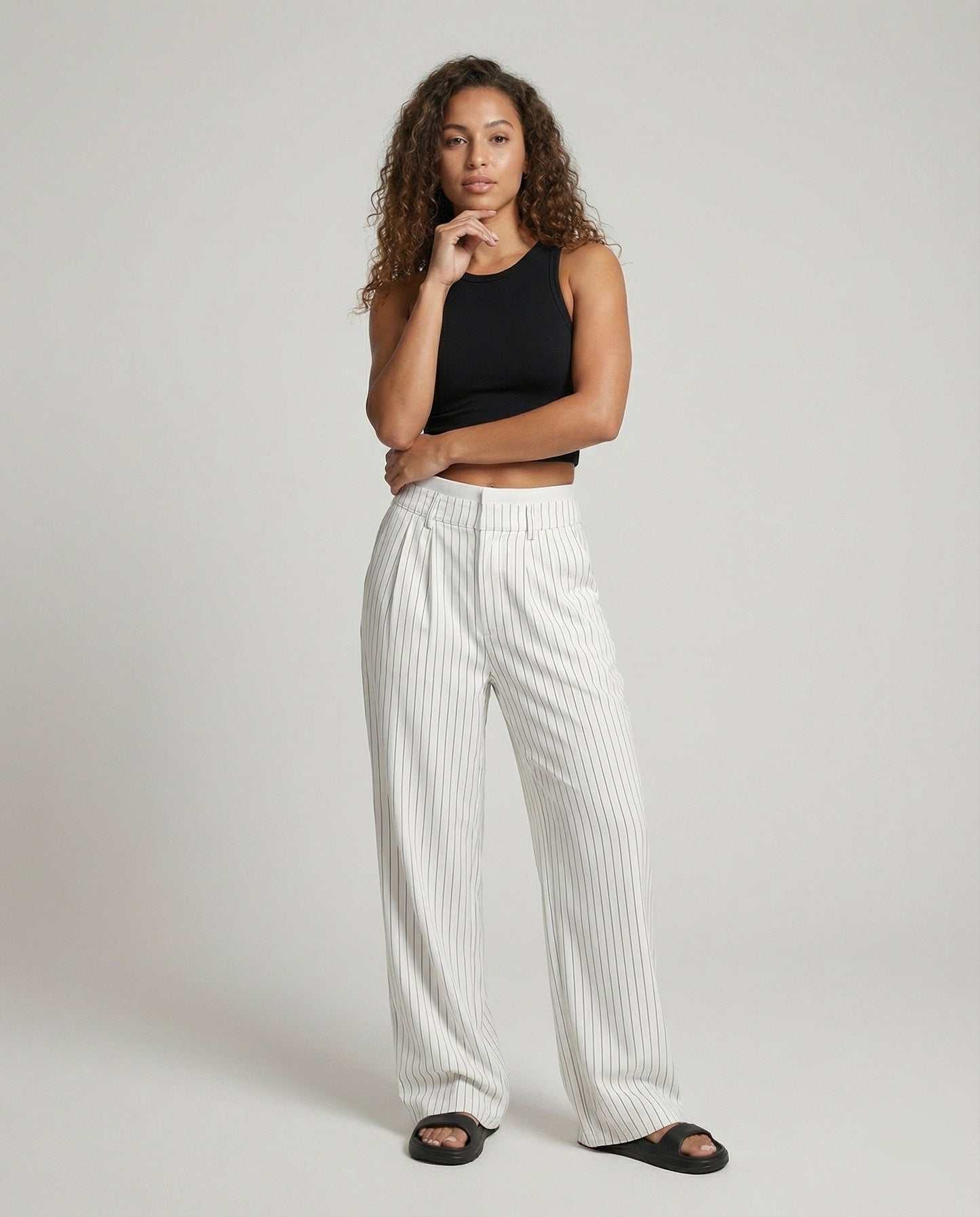 Pantaloni Donna a Righe Ampi con Pieghe e Vita Alta - Brentozzi