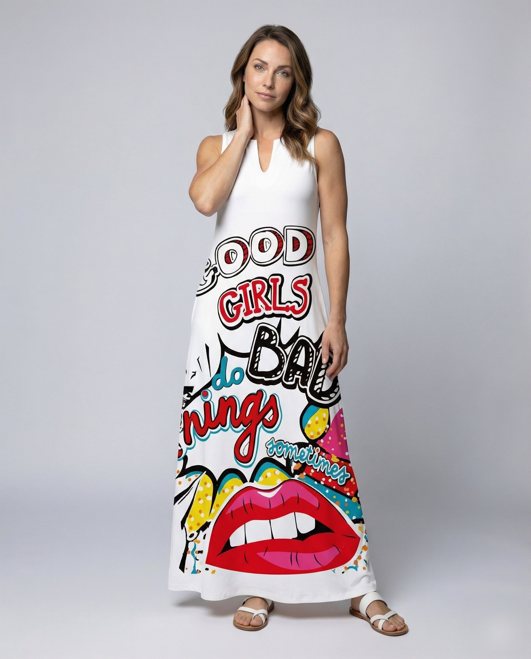 Abito Maxi Donna Stile Pop Art Spacco a V - Brentozzi