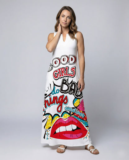 Abito Maxi Donna Stile Pop Art Spacco a V - Brentozzi