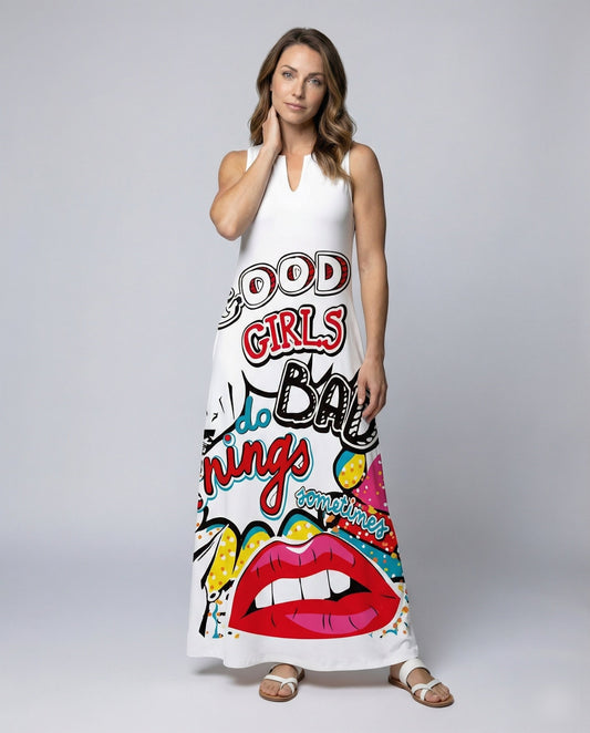 Abito Maxi Donna Stile Pop Art Spacco a V - Brentozzi