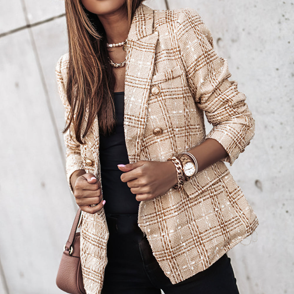 Blazer Donna in Maglia con Motivo a Quadri Vestibilità Classica