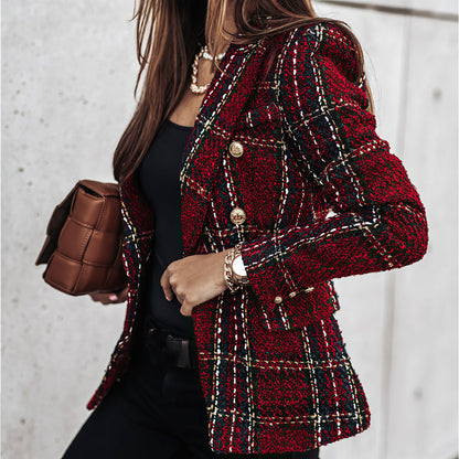 Blazer Donna in Maglia con Motivo a Quadri Vestibilità Classica