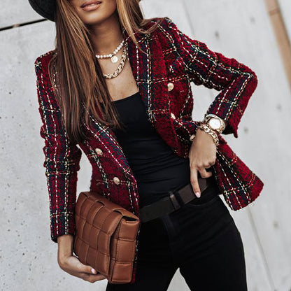 Blazer Donna in Maglia con Motivo a Quadri Vestibilità Classica