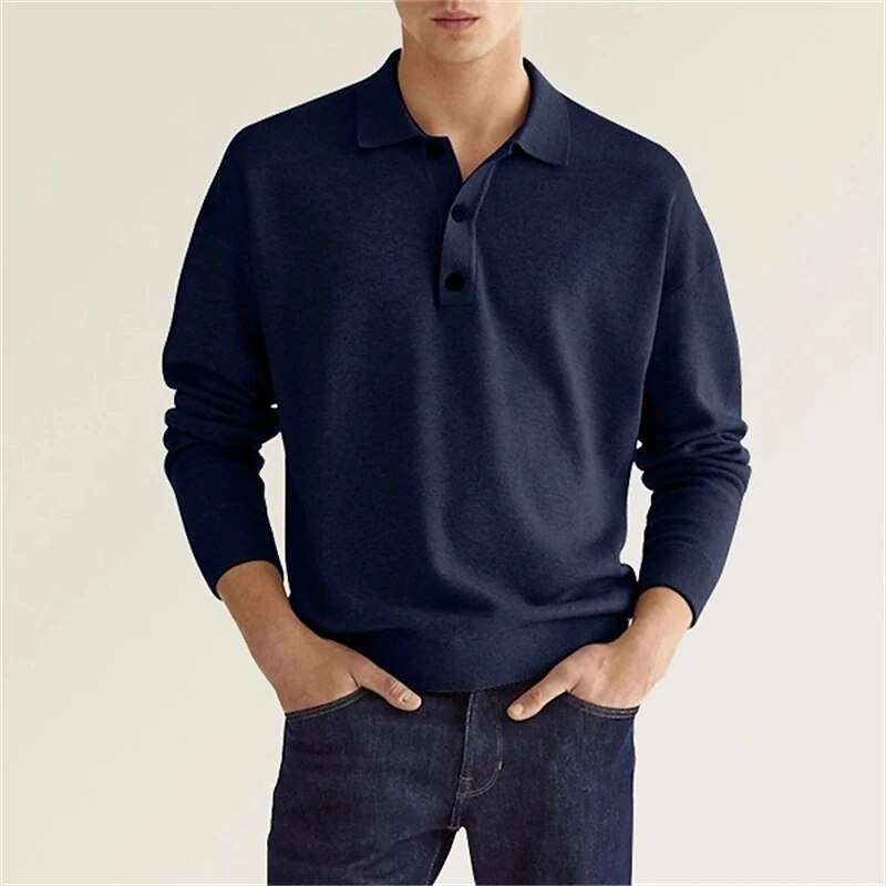 Pullover-Poloshirt | mit Knöpfen | langärmlig | Strickpullover | Herren-Strickpullover-Blau-S-Chaps Herrenmode