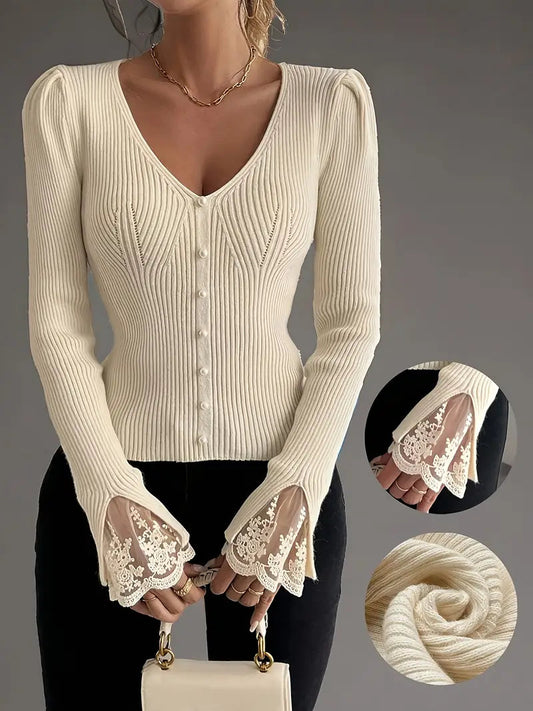 Maglia Donna a Coste con Pizzo Floreale Scollo a V - Vesarelli