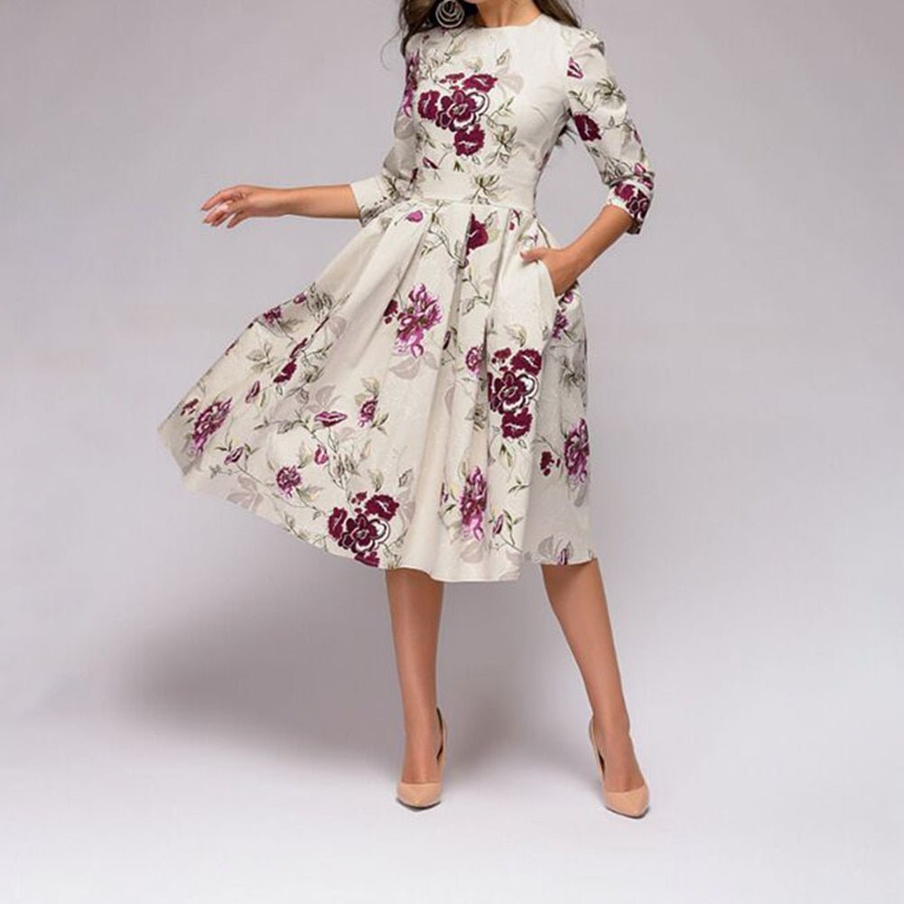 Abito Midi Donna Stampa Floreale Cerimonia