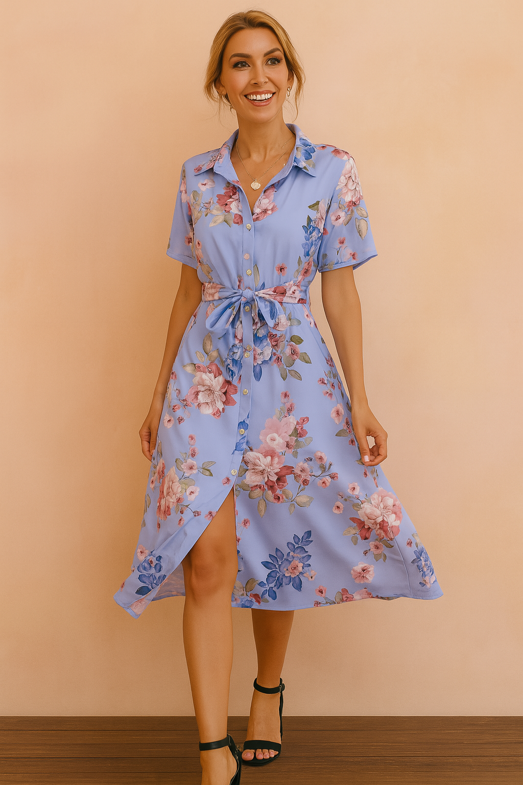 Rosa | Abito midi con cintura e spacco 1