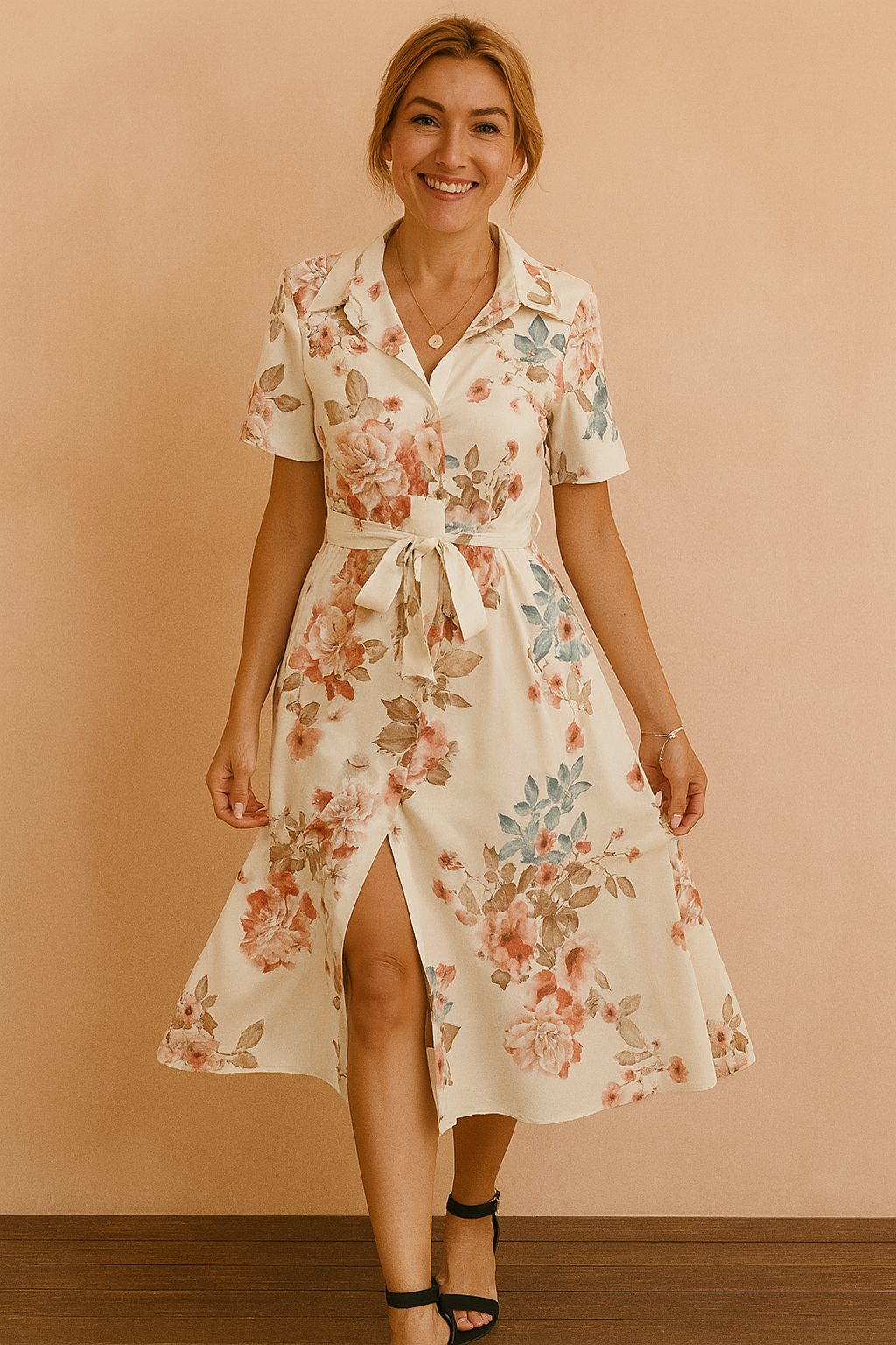 Rosa | Abito midi con cintura e spacco 2