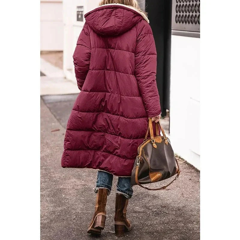 Cappotto Lungo Donna Invernale con Cappuccio Imbottito Maxipetto