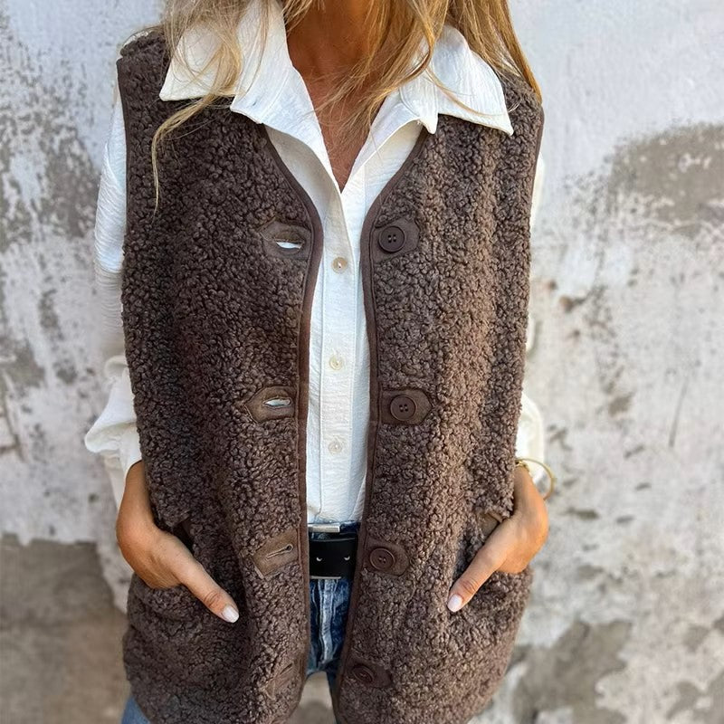 Gilet Donna in Pile con Bottoni e Tasche Caldo Stile Autunnale