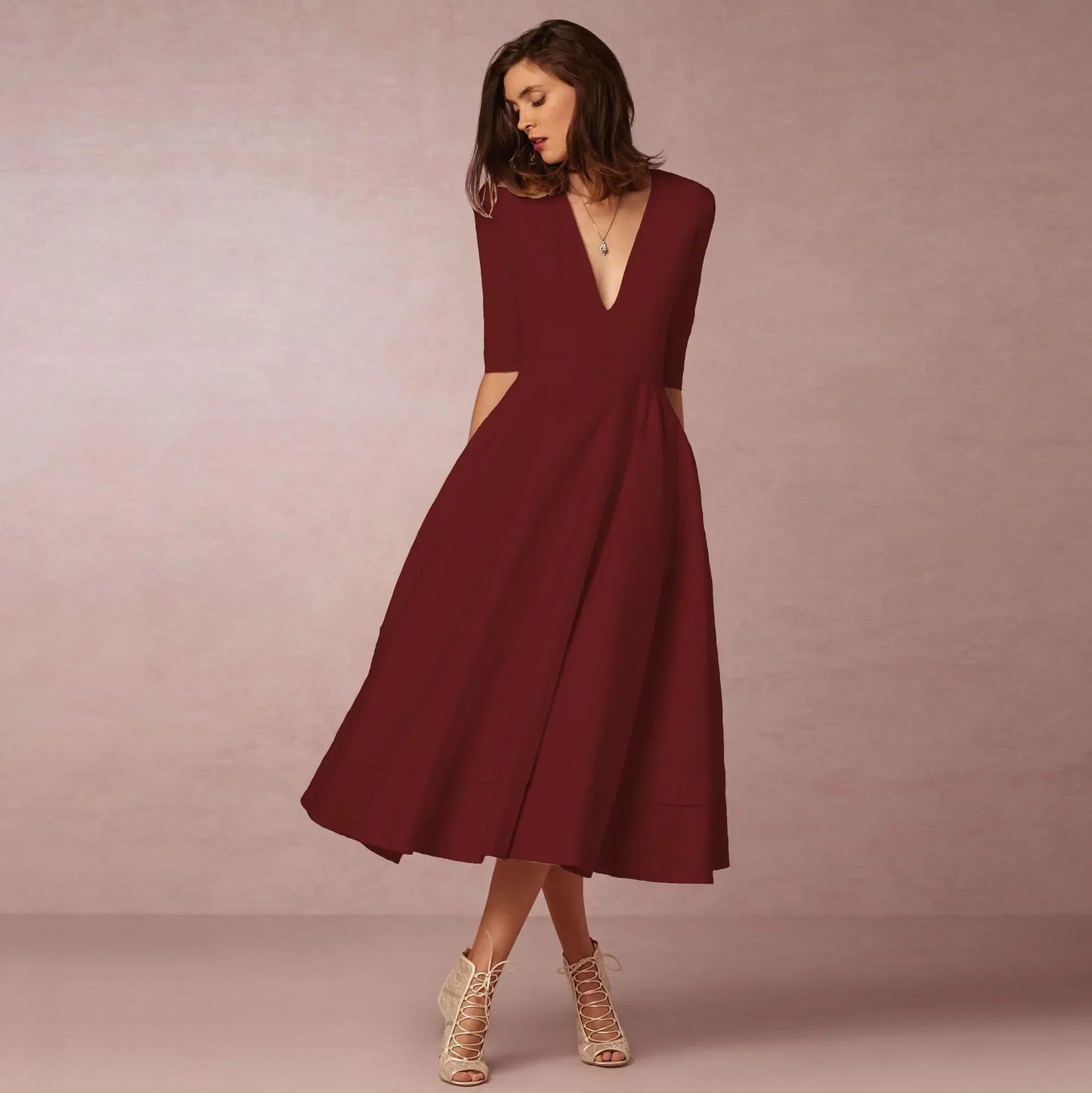 Abito Midi Donna Scollo a V Cerimonia