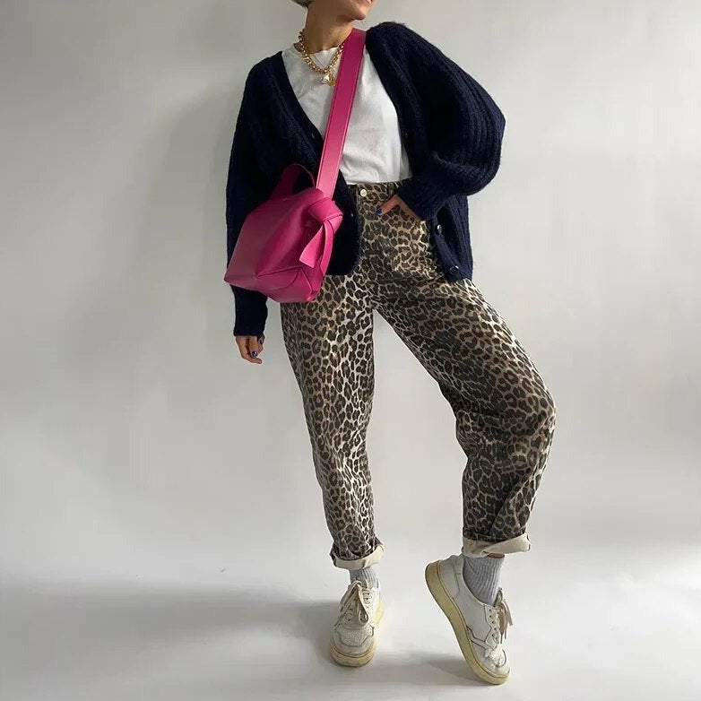 Jeans Donna Vintage Stampa Animalier Vita Alta Elastico
