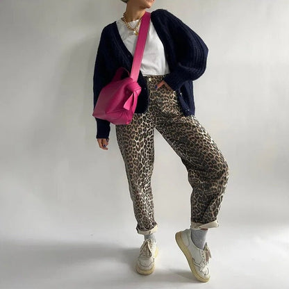 Jeans Donna Vintage Stampa Animalier Vita Alta Elastico