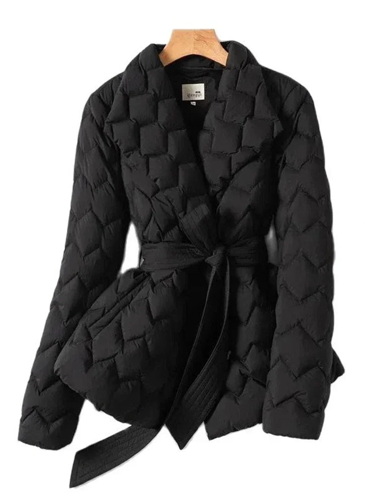 Giacca Imbottita Donna Motivo Quadri con Cintura Slim