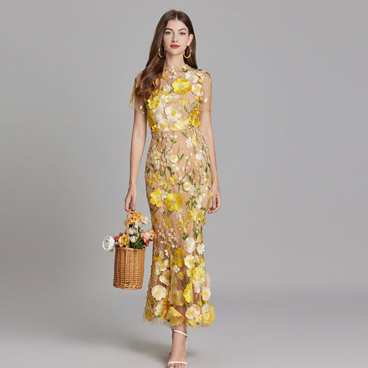 Abito Maxi Donna Trasparente con Ricamo Floreale - Brentozzi