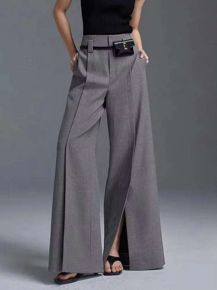 Pantaloni Donna Gamba Larga Spacco Alto