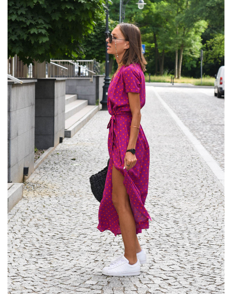 Abito Midi Donna Scollo a V Manica Corta a Portafoglio