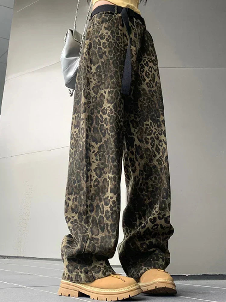 Jeans Donna con Gamba Larga e Motivo Animalier