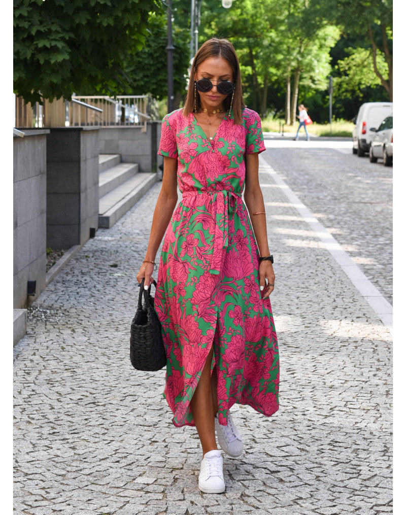 Abito Midi Donna Scollo a V Manica Corta a Portafoglio