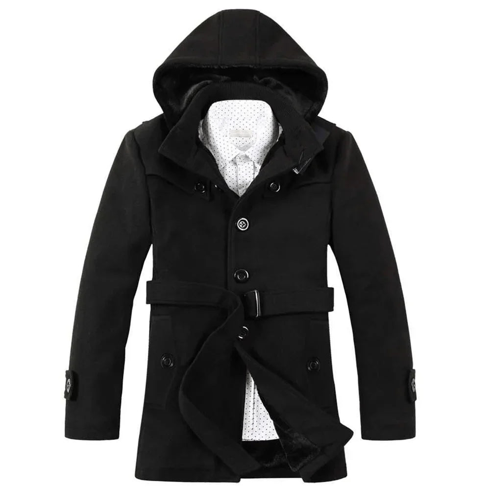 Trenchcoat Uomo in Misto Lana Fodera Ecopelliccia Cappuccio