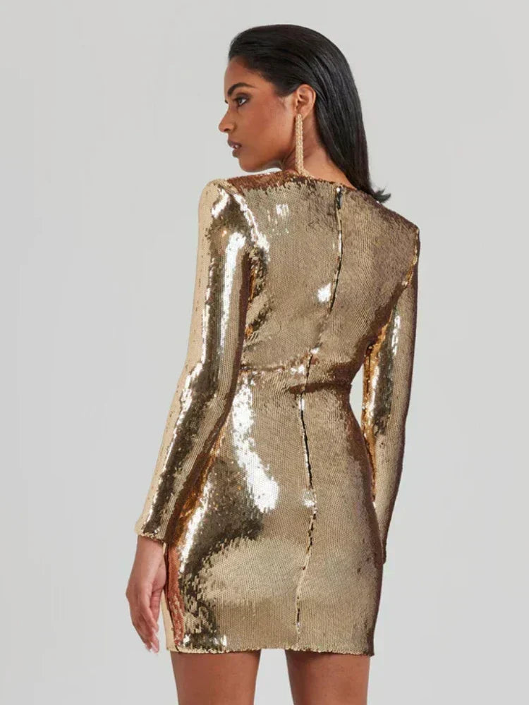 Abito Mini Donna in Paillettes Plissé Manica Lunga