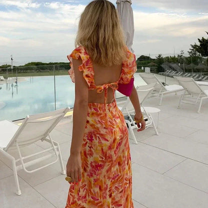 Abito Maxi Donna con Ruches e Fantasia Floreale Stile Estivo