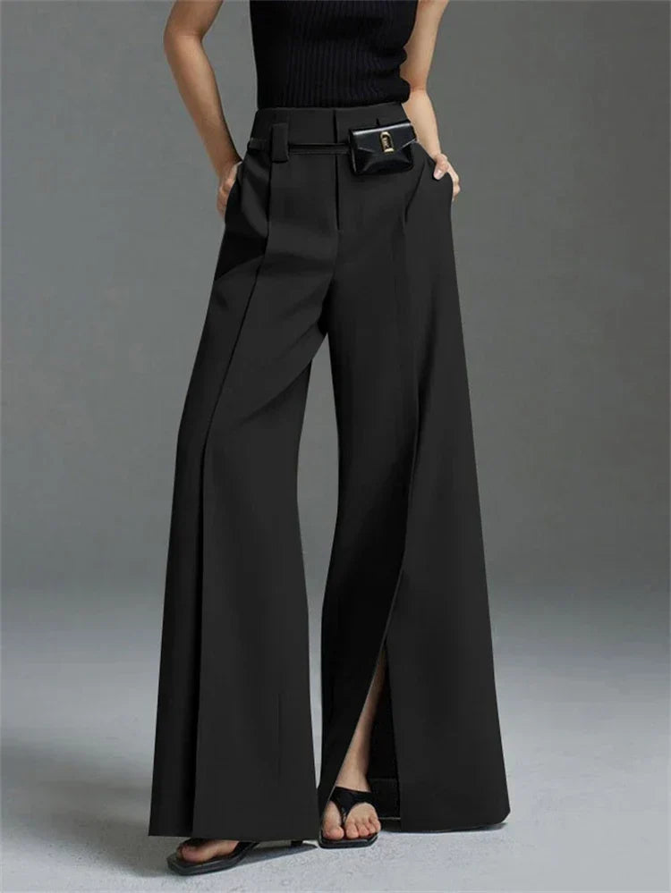 Pantaloni Donna Gamba Larga Spacco Alto