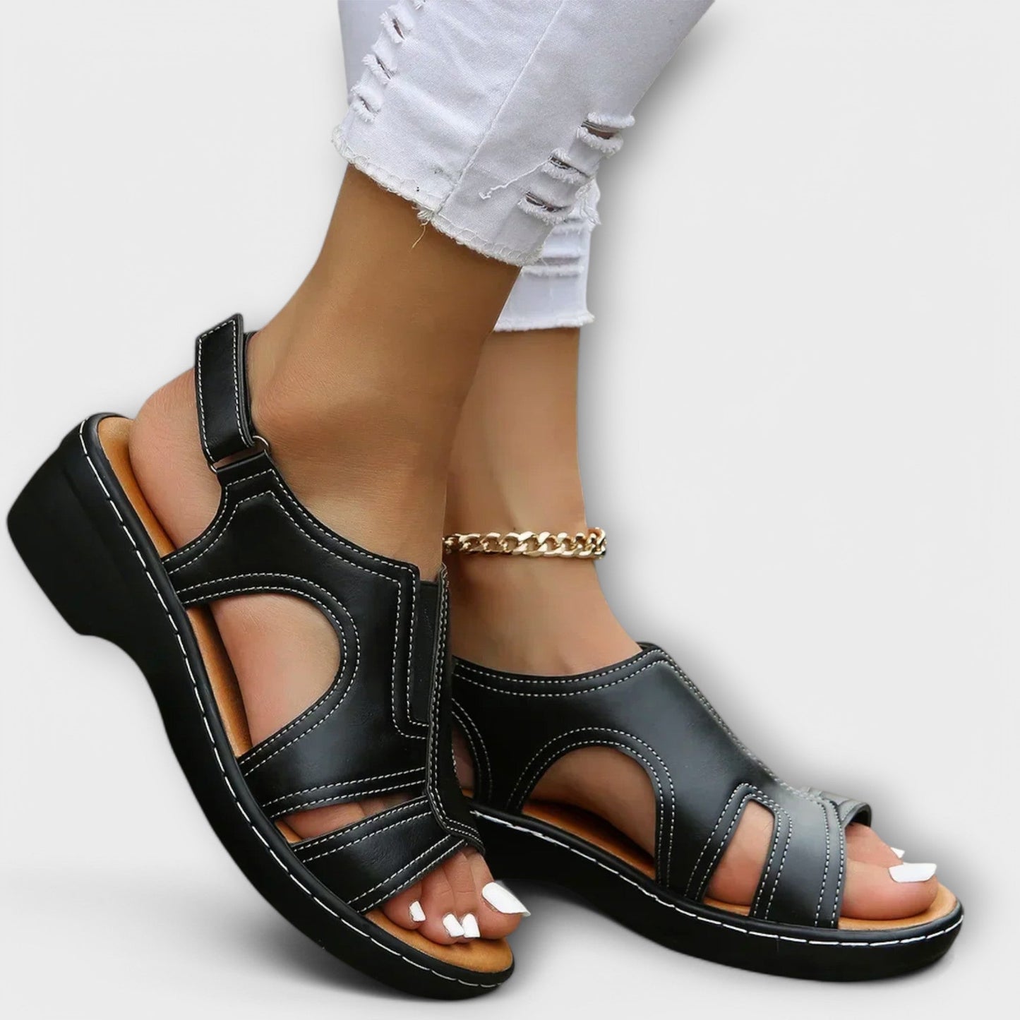 Sandali Donna in Pelle Ortopedici con Tacco Comodo