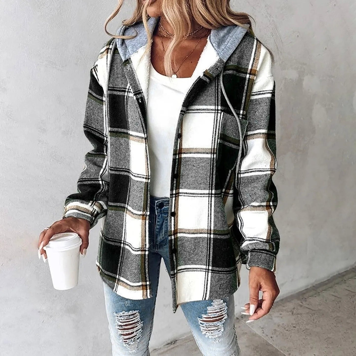Camicia Donna a Quadri con Cappuccio Chiusura a Bottoni Comfort Fit