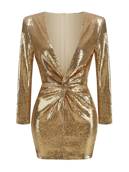 Abito Mini Donna in Paillettes Manica Lunga Plissettato