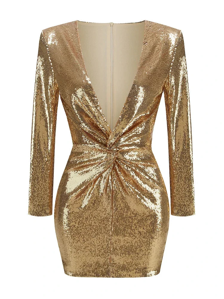 Abito Mini Donna in Paillettes Plissé Manica Lunga