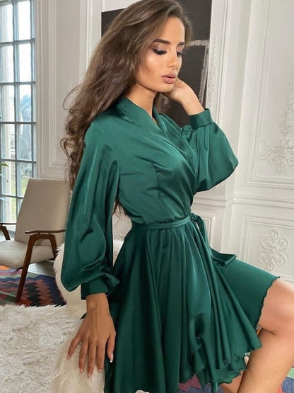 Abito Lungo Donna in Satin Manica Lunga con Ruches