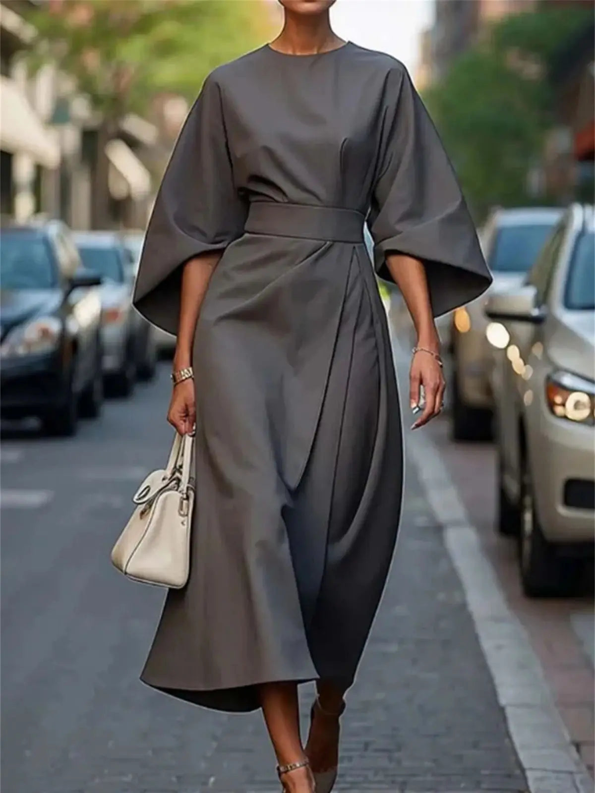 Abito Midi Donna Formale con Manica a Palloncino