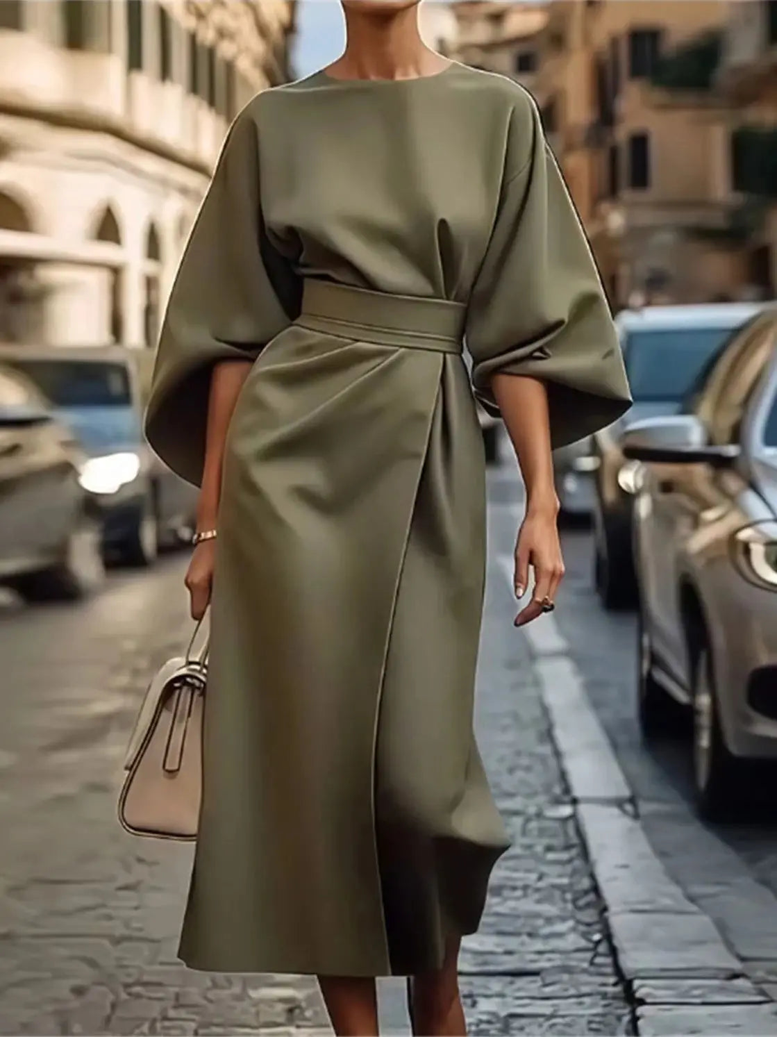 Abito Midi Donna Formale con Manica a Palloncino