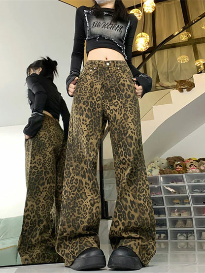 Jeans Donna con Gamba Larga e Motivo Animalier