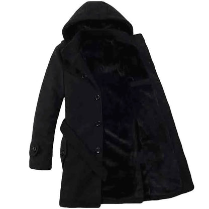 Trenchcoat Uomo in Misto Lana Fodera Ecopelliccia Cappuccio