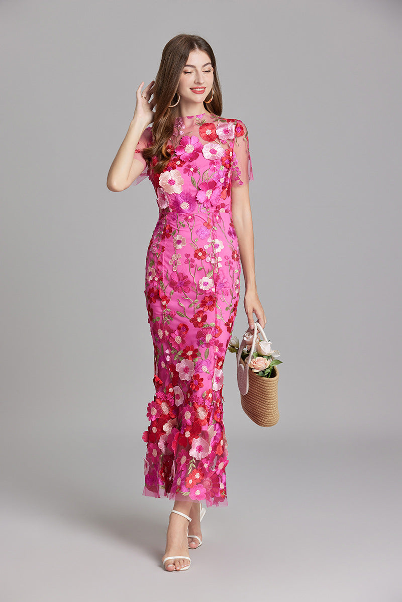 Abito Maxi Donna Trasparente con Ricamo Floreale
