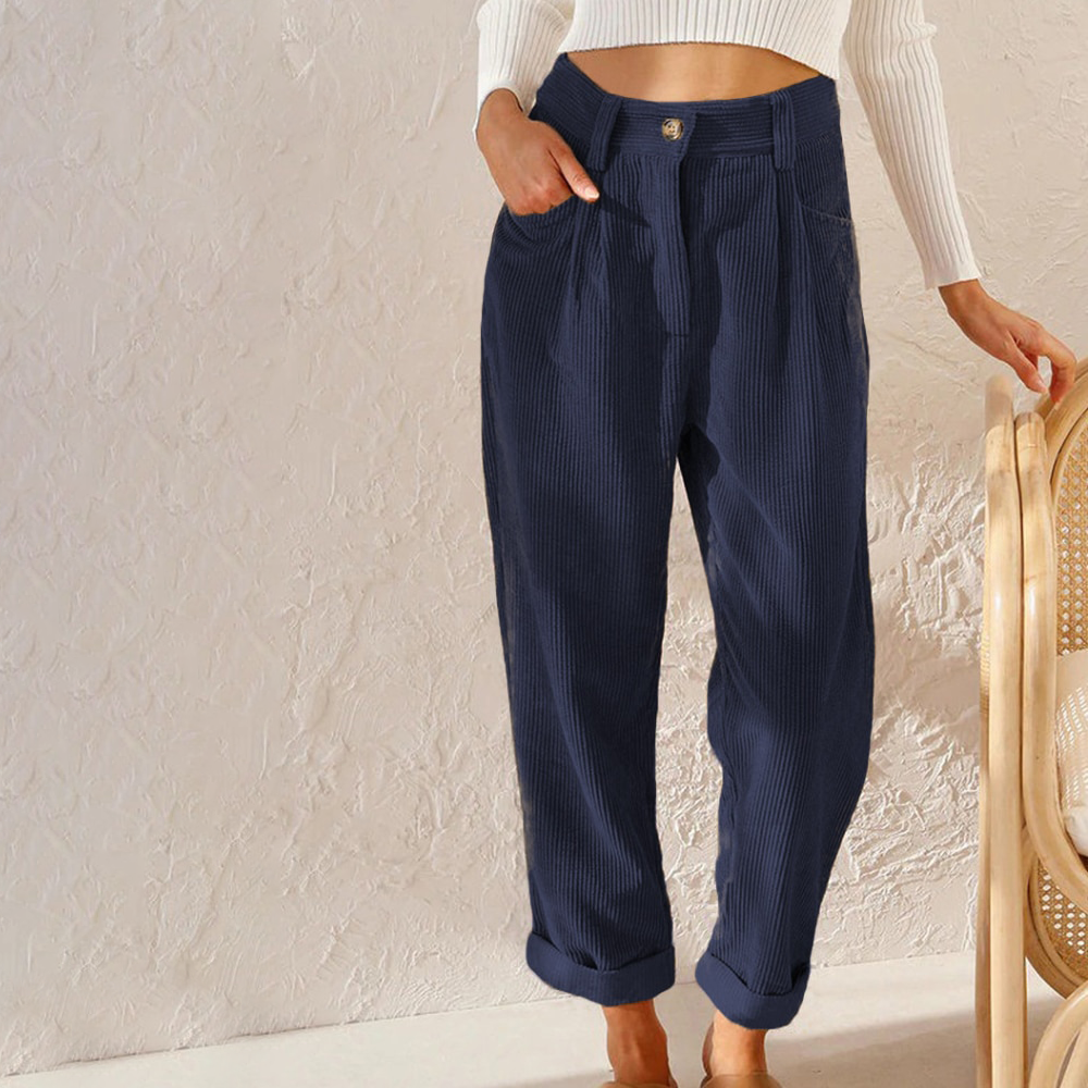 Pantaloni Donna in Velluto a Coste Vita Alta Orlo Risvoltato