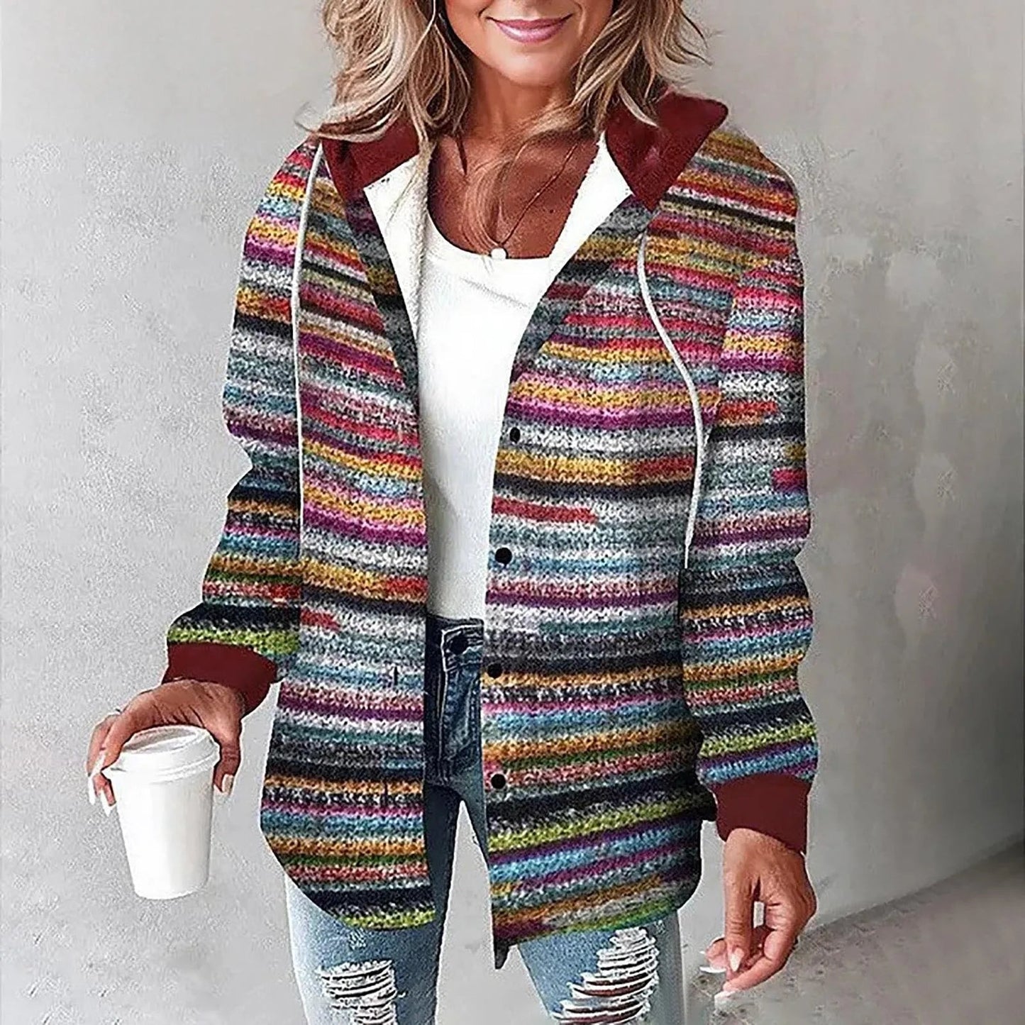 Camicia Donna a Quadri con Cappuccio Chiusura a Bottoni Comfort Fit