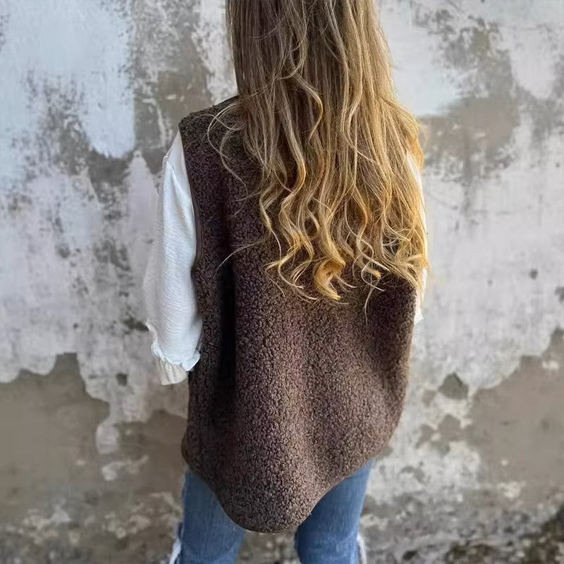 Gilet Donna in Pile con Bottoni e Tasche Caldo Autunnale Invernale