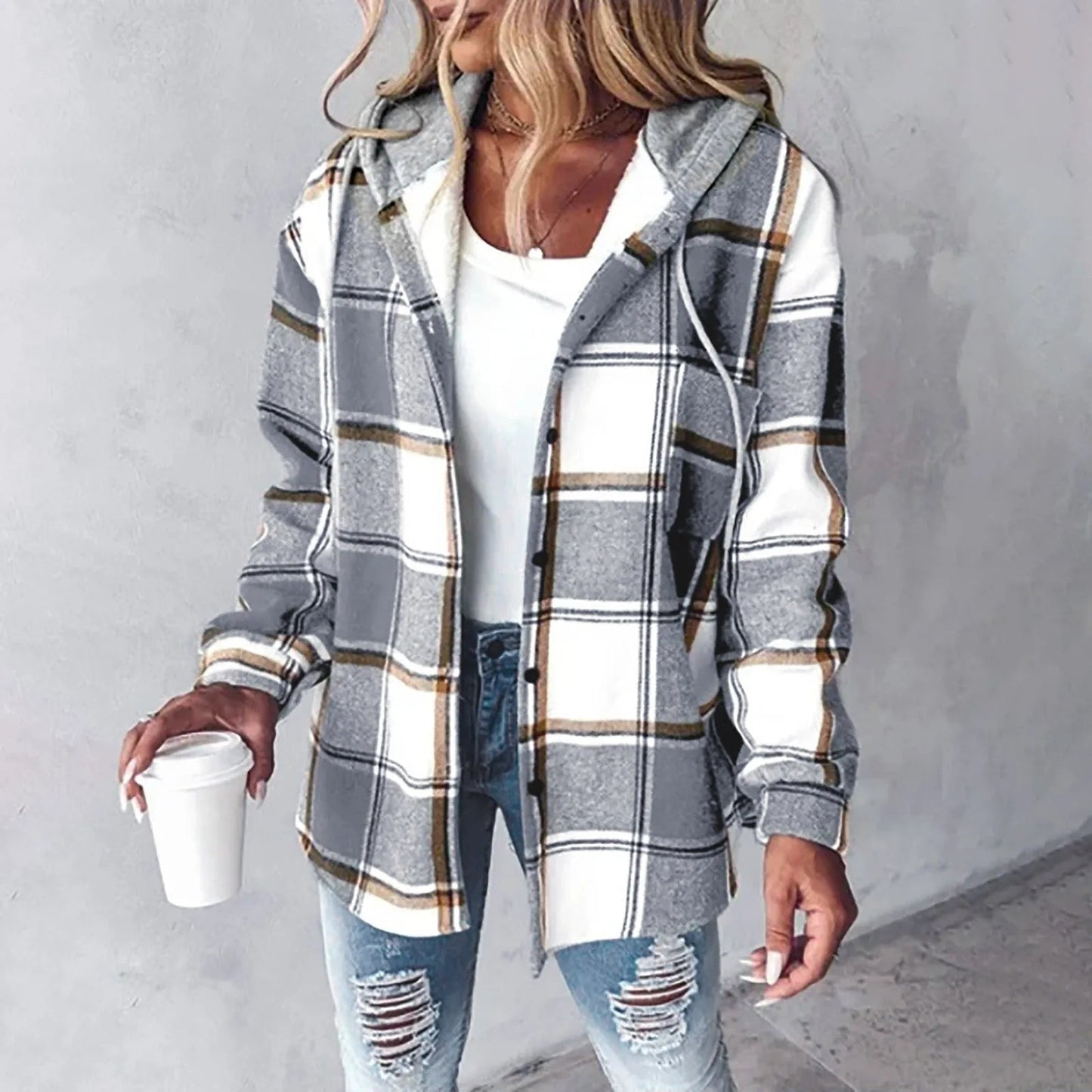 Camicia Donna a Quadri con Cappuccio Chiusura a Bottoni Comfort Fit