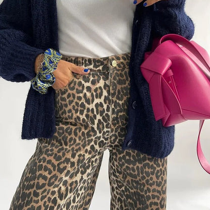 Jeans Donna Vintage Stampa Animalier Vita Alta Elastico
