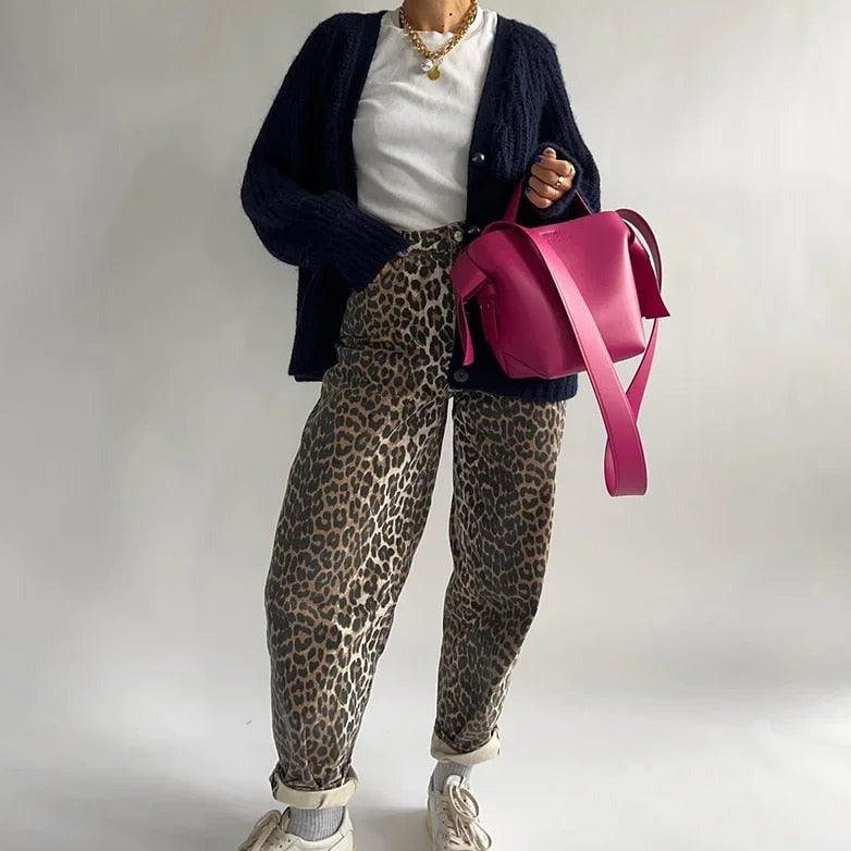 Jeans Donna Vintage Stampa Animalier Vita Alta Elastico