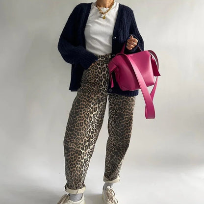 Jeans Donna Vintage Stampa Animalier Vita Alta Elastico